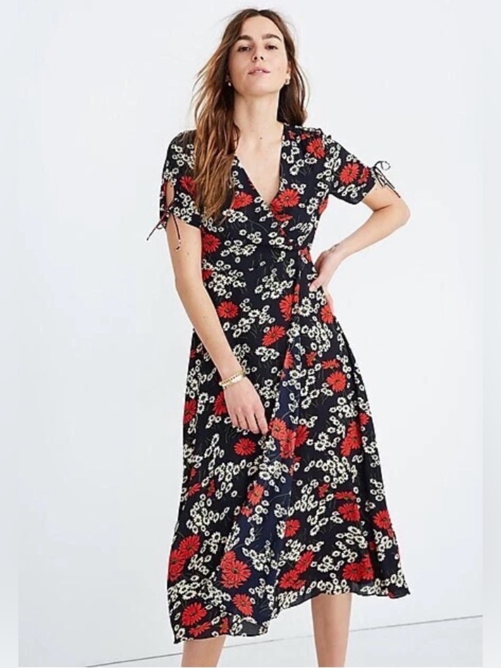 Madewell Faux Wrap Peekaboo Sleeve  Dress Hillside Daisies Red Navy SZ 10 NWT
